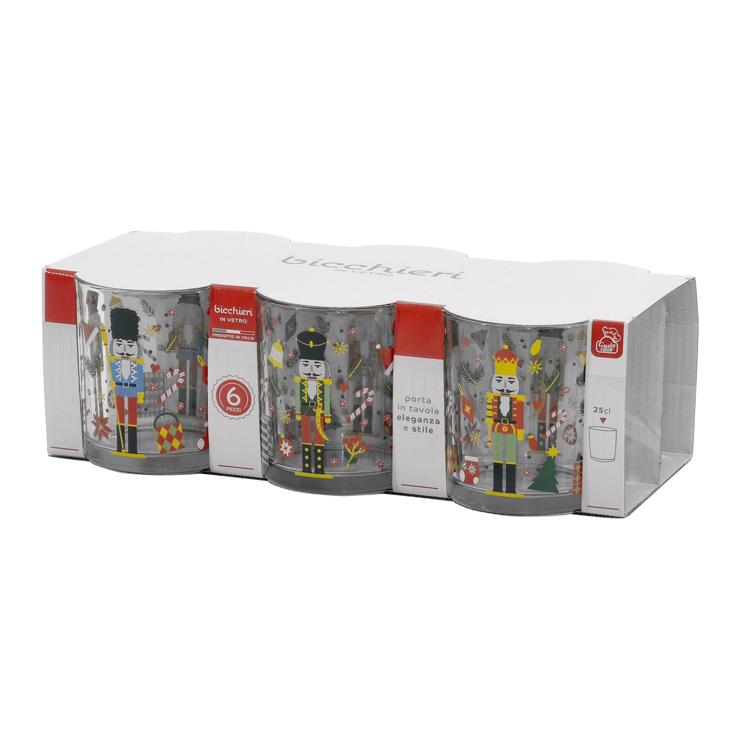 GUSTO CASA - Bicchieri con motivo natalizio Schiaccianoci Soldato 25 cl - set 6 pezzi
